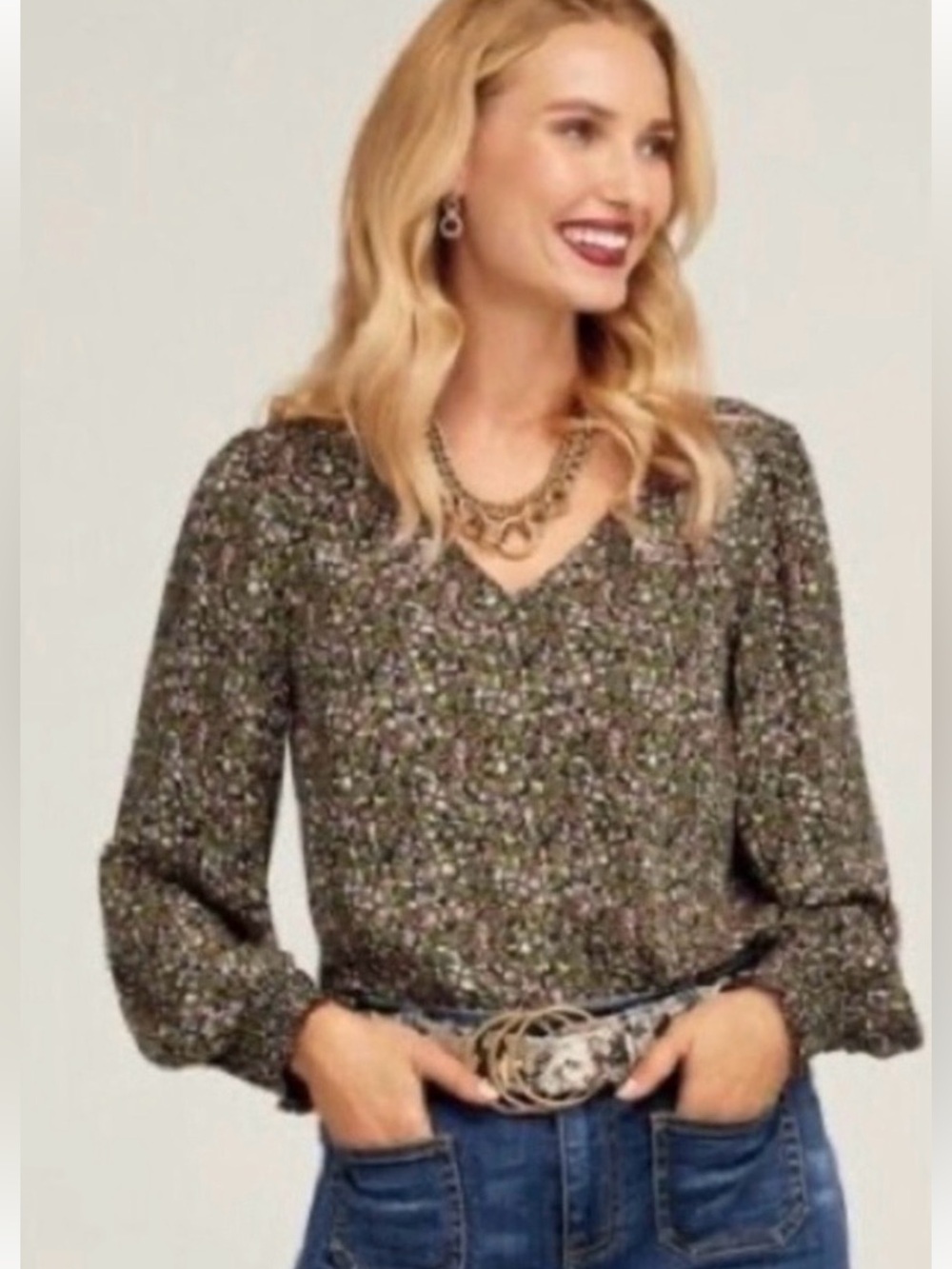 CAbi Multicolored Floral V-Neck Long Sleeve Blouse Size Small